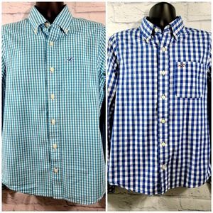 Lot of 2 Hollister Large Button Down Shirt Blue Gingham Long Sleeve Front‎ Logo